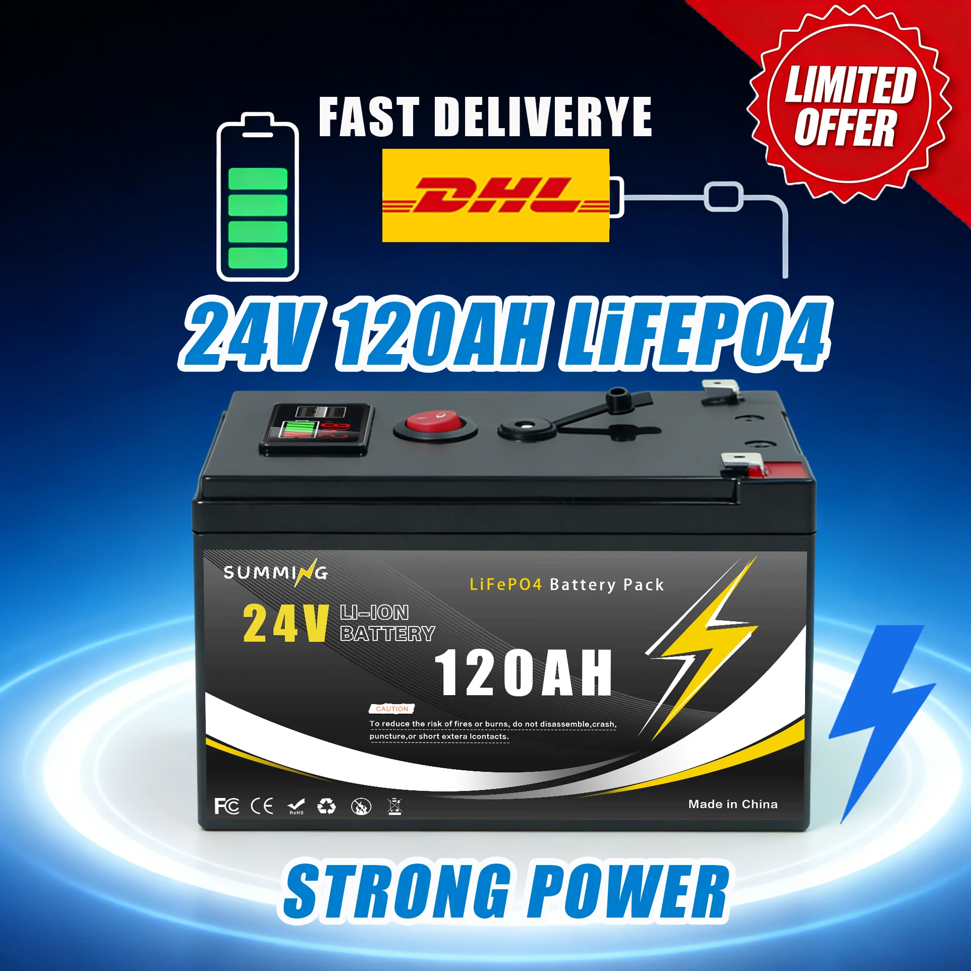 24V Lithium Battery 120AH LiFePO4 Battery with Smart BMS-Ideal for Solar Power, RV, Marine&Off-Grid Home Energy Storage
24V Lithium Battery 120AH LiFePO4 Battery with Smart BMS-Ideal for Solar Power, RV, Marine&Off-Grid Home Energy Storage