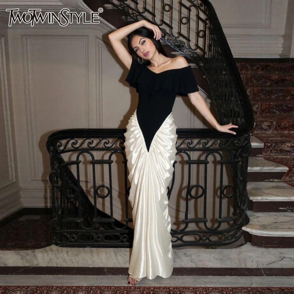 TWOTWINSTYLE сексуальное платье с открытыми плечами для женщин с разрезом на шее, коротким рукавом, с высокой талией и складками, облегающее элегантное женское платье макси
TWOTWINSTYLE сексуальное платье с открытыми плечами для женщин с разрезом на шее, коротким рукавом, с высокой талией и складками, облегающее элегантное женское платье макси