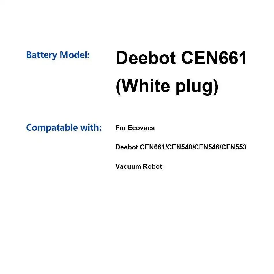 Аккумулятор для робота-пылесоса CEN661, белый, 2800 мАч, для Ecovacs Deebot CEN661, CEN540, CEN546, CEN553
Аккумулятор для робота-пылесоса CEN661, белый, 2800 мАч, для Ecovacs Deebot CEN661, CEN540, CEN546, CEN553