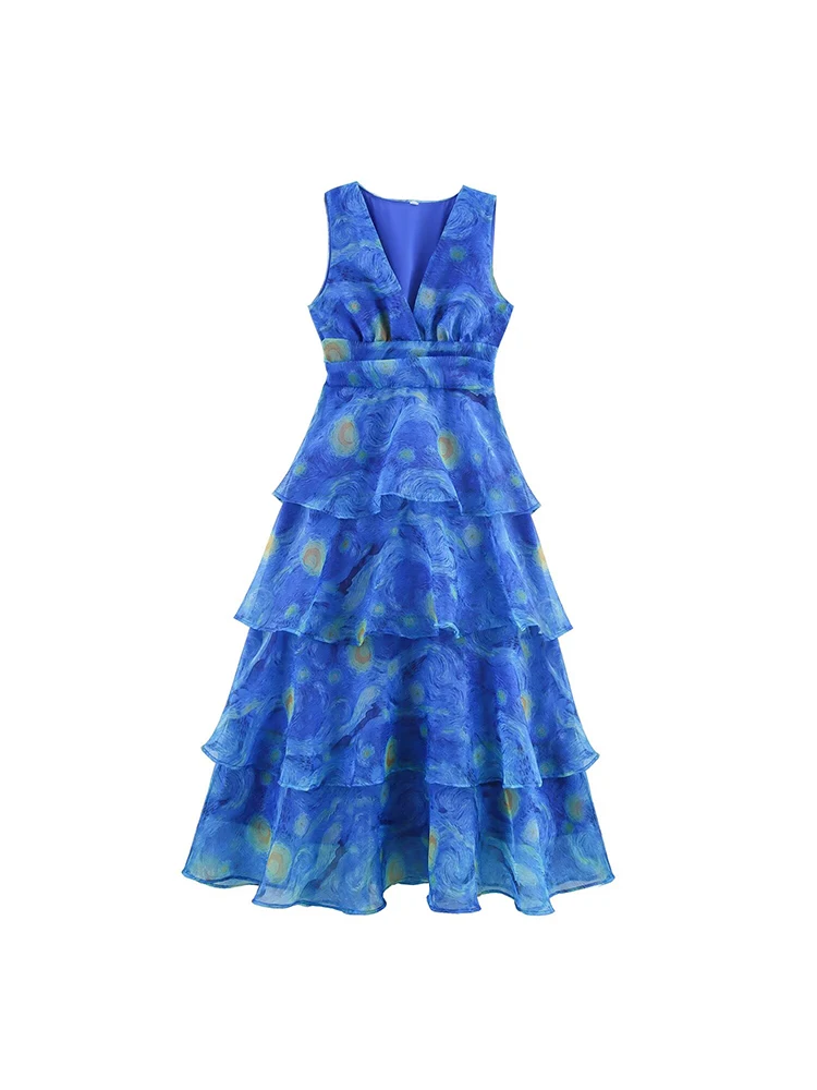European and American style summer new women's retro printed V-neck sleeveless temperament waist slim cake skirt
European and American style summer new women's retro printed V-neck sleeveless temperament waist slim cake skirt
