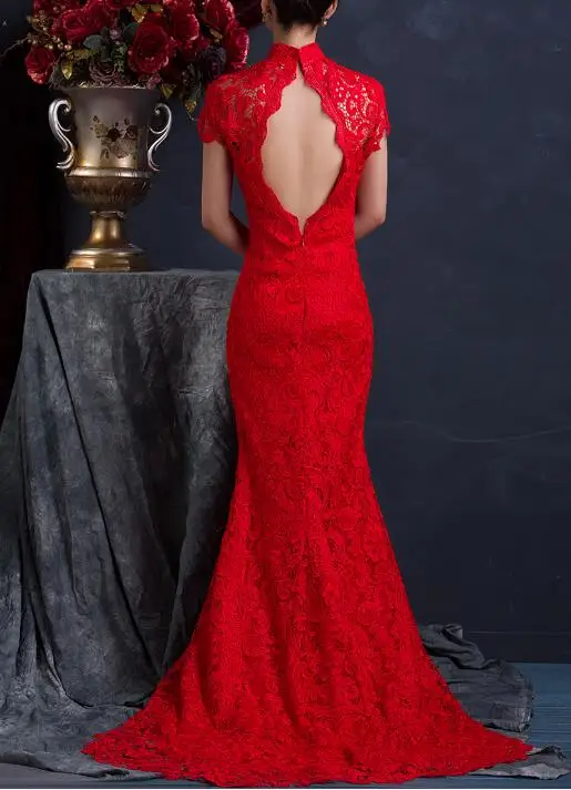 Chinese Cheongsam Women Wedding Dress Summer Lace Open back Trailing Vintage Red Chipao
Chinese Cheongsam Women Wedding Dress Summer Lace Open back Trailing Vintage Red Chipao
