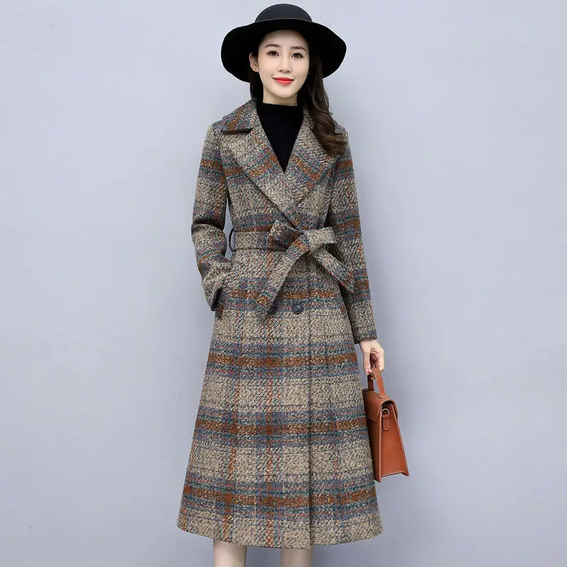 Роскошная зимняя Клетчатая Шерстяная ветровка 2023, Женское пальто, облегающие длинные пояса, двубортные повседневные шерстяные пальто 
Роскошная зимняя Клетчатая Шерстяная ветровка 2023, Женское пальто, облегающие длинные пояса, двубортные повседневные шерстяные пальто