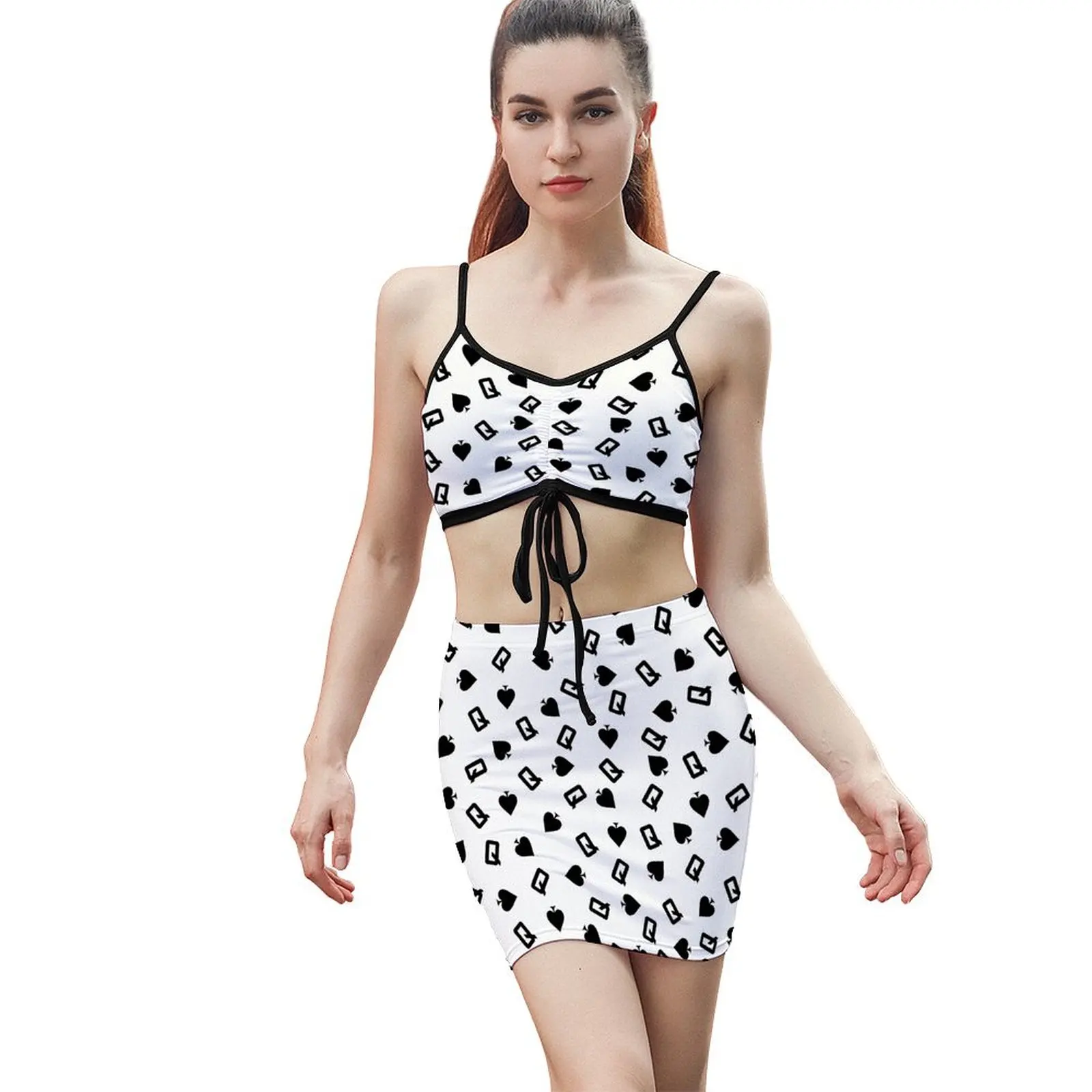 Summer Two Piece Outfits for Women Spades Q print Crop Tops High Waisted Bodycon Mini Skirt Sets
Summer Two Piece Outfits for Women Spades Q print Crop Tops High Waisted Bodycon Mini Skirt Sets
