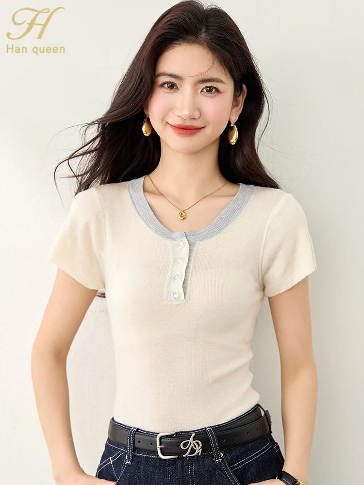 H Han Queen Summer Women Sweater Korean Simple Chic Jumpers Vintage Basic Solid Knitted Tops Casual Short Sleeve Knit Pullover
H Han Queen Summer Women Sweater Korean Simple Chic Jumpers Vintage Basic Solid Knitted Tops Casual Short Sleeve Knit Pullover