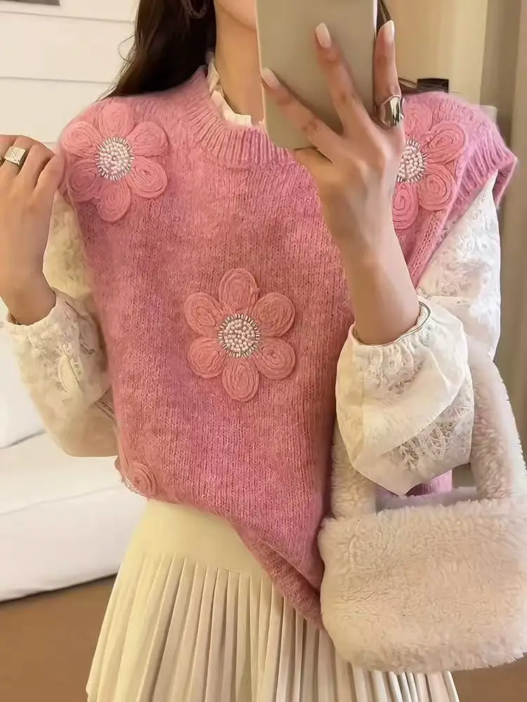 3D Flower Knitted Sweater Vest Women Korean Fashion Sleeveless Round Neck Casual Elegant Office Lady Coats Y2k Vest Tops 2025
3D Flower Knitted Sweater Vest Women Korean Fashion Sleeveless Round Neck Casual Elegant Office Lady Coats Y2k Vest Tops 2025