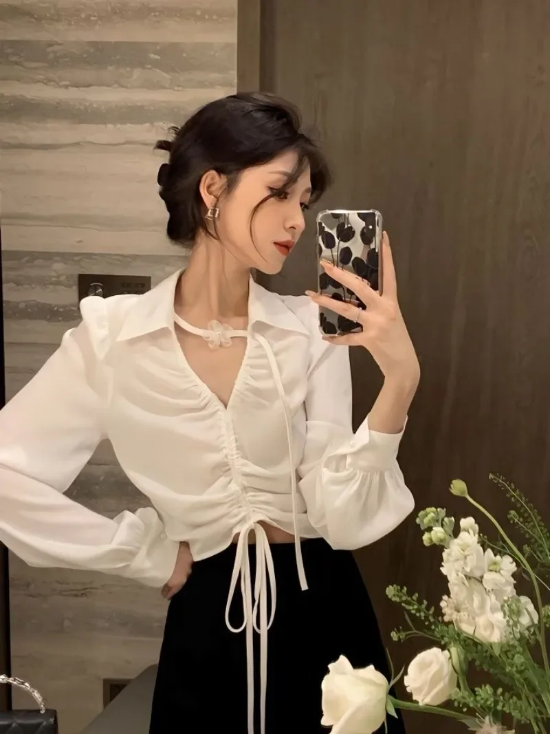 V Neck White Drawstring Y2k Camisa Folds Shirts Slim High Waist Chemise Femme Sexy Lace-up Crop Tops Women Korean Hotsweet
V Neck White Drawstring Y2k Camisa Folds Shirts Slim High Waist Chemise Femme Sexy Lace-up Crop Tops Women Korean Hotsweet