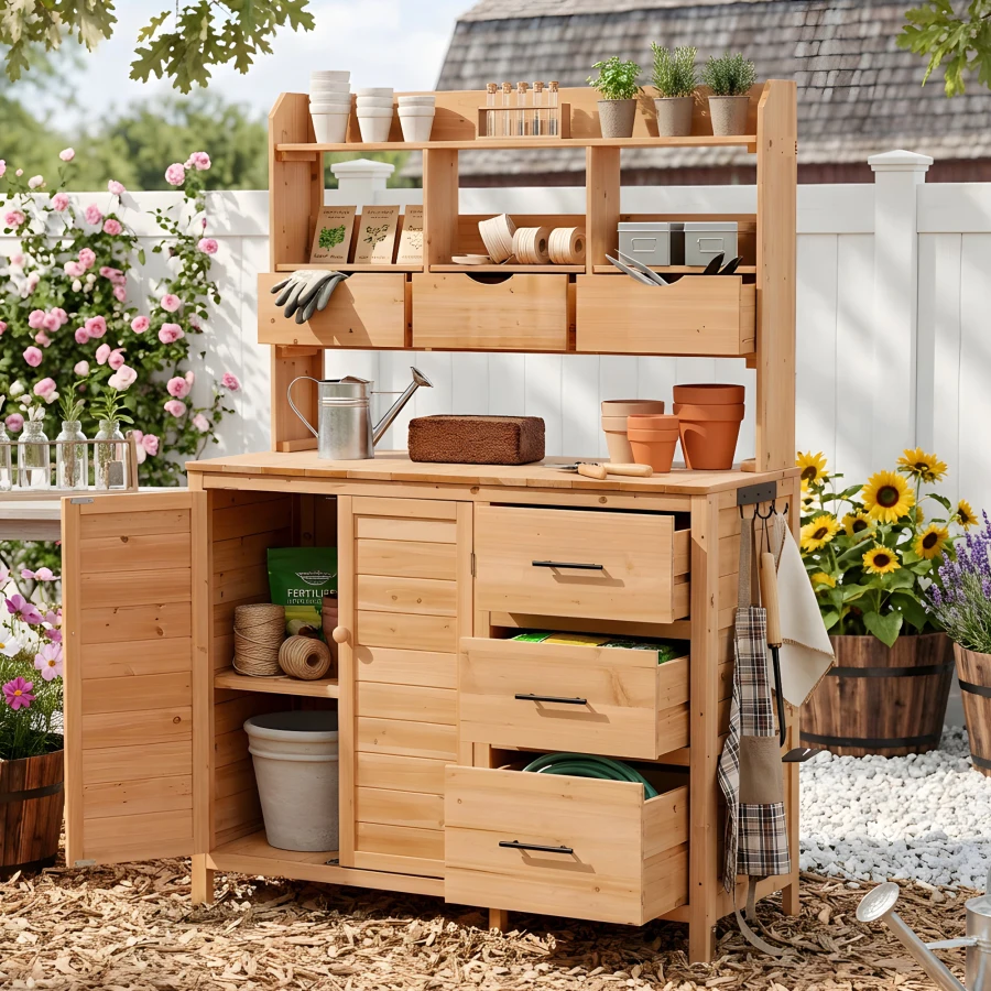 Outdoor kitchen island with natural wood potting bench for farmhouse patio use, featuring 6 drawers, bottom cabinet, side hook,
Outdoor kitchen island with natural wood potting bench for farmhouse patio use, featuring 6 drawers, bottom cabinet, side hook,