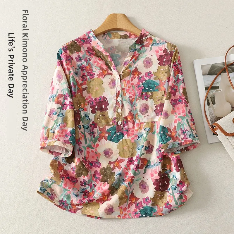 Summer New Cotton Linen Print Short Sleeve Versatile Mommy Clothes Thin Shirt Top Loose Fit Women's Open Cardigan Style
Summer New Cotton Linen Print Short Sleeve Versatile Mommy Clothes Thin Shirt Top Loose Fit Women's Open Cardigan Style