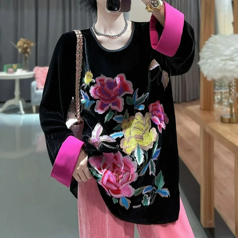 Women Chinese Style Vintage Flower Embroidery Luxury Elegant T Shirt Spring Autumn Ladies O Neck Long Sleeve Oversized Chic Tops
Women Chinese Style Vintage Flower Embroidery Luxury Elegant T Shirt Spring Autumn Ladies O Neck Long Sleeve Oversized Chic Tops