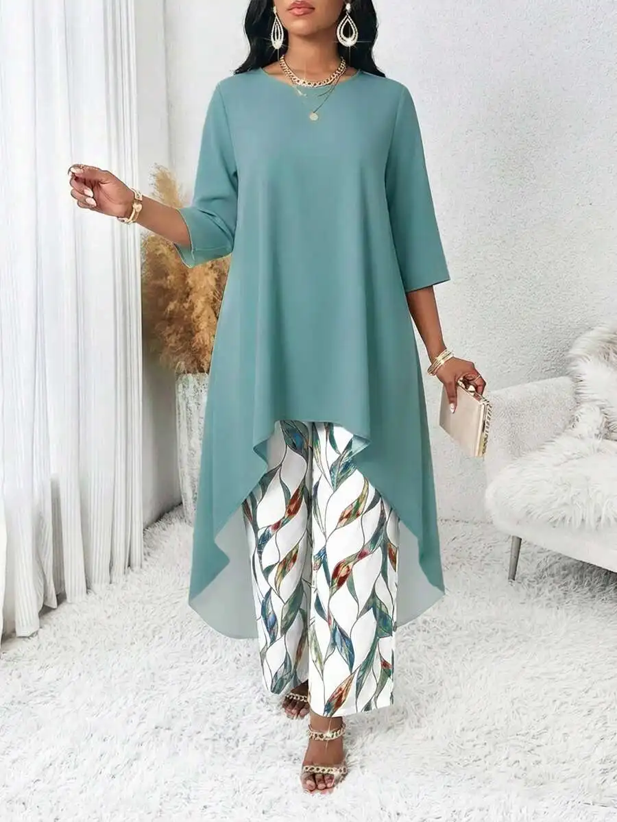 Women Two Piece Set Solid Color Asymmetrical Top And Leaf Print Wide Leg Pants Casual Outfit
Women Two Piece Set Solid Color Asymmetrical Top And Leaf Print Wide Leg Pants Casual Outfit