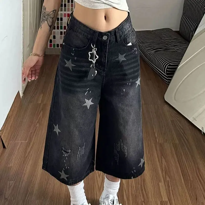Women's Clothing American Retro Star Printed Jeans Fashion Ripped Summer Streetwear High Waist Loose Casual Straight Capri Pants
Women's Clothing American Retro Star Printed Jeans Fashion Ripped Summer Streetwear High Waist Loose Casual Straight Capri Pants