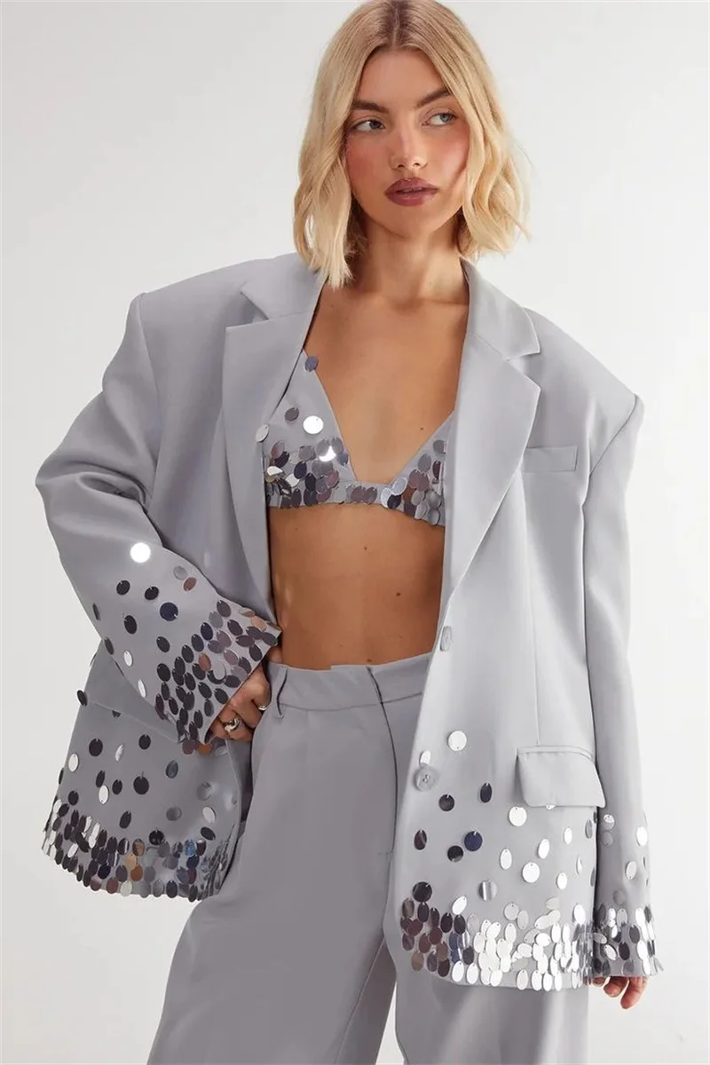 Sequins Silver Grey Women Suit Set 3 Piece Top Bra+Blazer+Pants Trousers Formal Office Jacket Customized Wedding Tuxedos Coat
Sequins Silver Grey Women Suit Set 3 Piece Top Bra+Blazer+Pants Trousers Formal Office Jacket Customized Wedding Tuxedos Coat