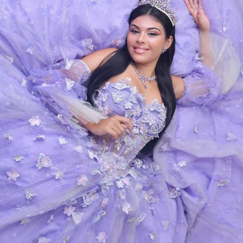 Shiny lavender Quinceanera Dress off-shoulder Lace glitter butterfly decal tail vestidos de 15 Quinceanera Customize
Shiny lavender Quinceanera Dress off-shoulder Lace glitter butterfly decal tail vestidos de 15 Quinceanera Customize