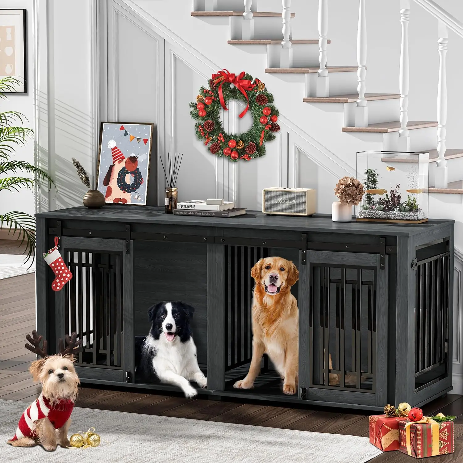 Dog Crate Furniture for 2 Dogs, Upgrade 71" Pro XXL Sliding Door Heavy Duty Dog Kennel Furniture with Divider, Steel Frame
Dog Crate Furniture for 2 Dogs, Upgrade 71" Pro XXL Sliding Door Heavy Duty Dog Kennel Furniture with Divider, Steel Frame