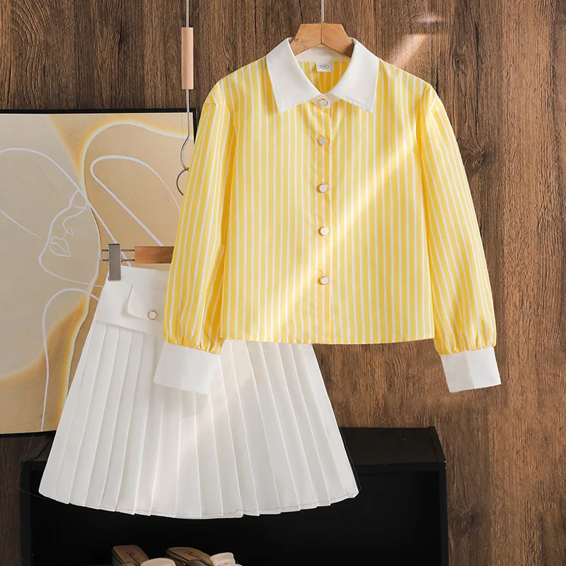 New Teen Girls Clothing Set Spring Autumn Stripe Long Sleeve Lapel Shirt+White Pleated Skirt 2Pcs For 8-12Y Girls Fashion Suit
New Teen Girls Clothing Set Spring Autumn Stripe Long Sleeve Lapel Shirt+White Pleated Skirt 2Pcs For 8-12Y Girls Fashion Suit