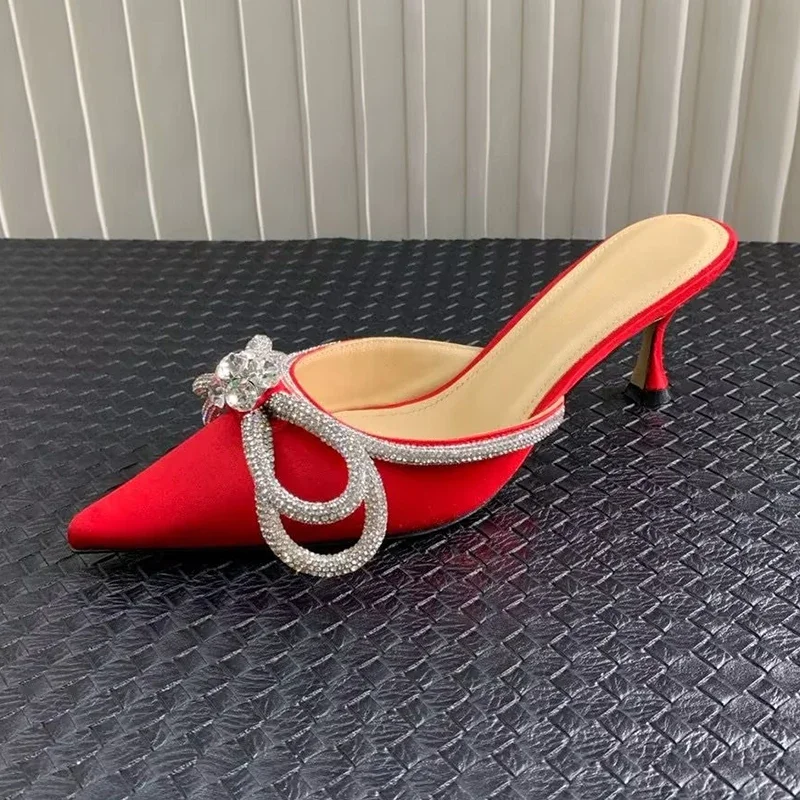 Women Silk Satin Rhinestone Bow-Knot Decor Slippers Thin High Heel Pointed Toe Sandals Summer Sexy Banquet Dress Shoes 2025
Women Silk Satin Rhinestone Bow-Knot Decor Slippers Thin High Heel Pointed Toe Sandals Summer Sexy Banquet Dress Shoes 2025