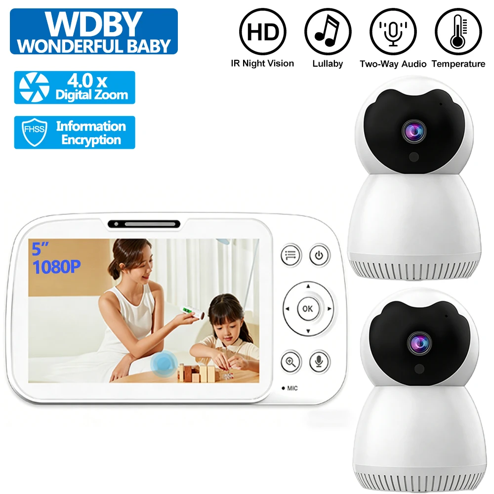 5 Inch HD Screen Baby Monitor with 2 Cameras 4X Zoom Two-Way Audio VOX Lullabies IR Night Vision Nanny Cam for Baby Safety
5 Inch HD Screen Baby Monitor with 2 Cameras 4X Zoom Two-Way Audio VOX Lullabies IR Night Vision Nanny Cam for Baby Safety