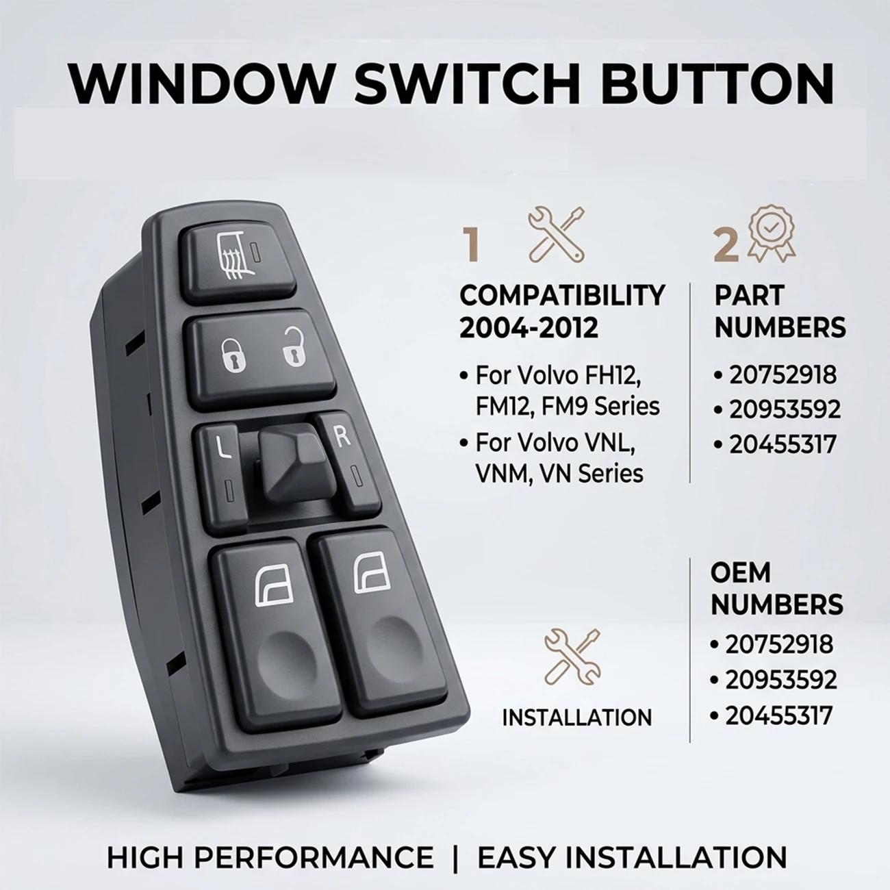 Electric Power Window Master Control Switch For Volvo VN VNL VNM Truck FH12 FM VNL FM12 FM9 2004-2012 20752918 21543897 20953592
Electric Power Window Master Control Switch For Volvo VN VNL VNM Truck FH12 FM VNL FM12 FM9 2004-2012 20752918 21543897 20953592