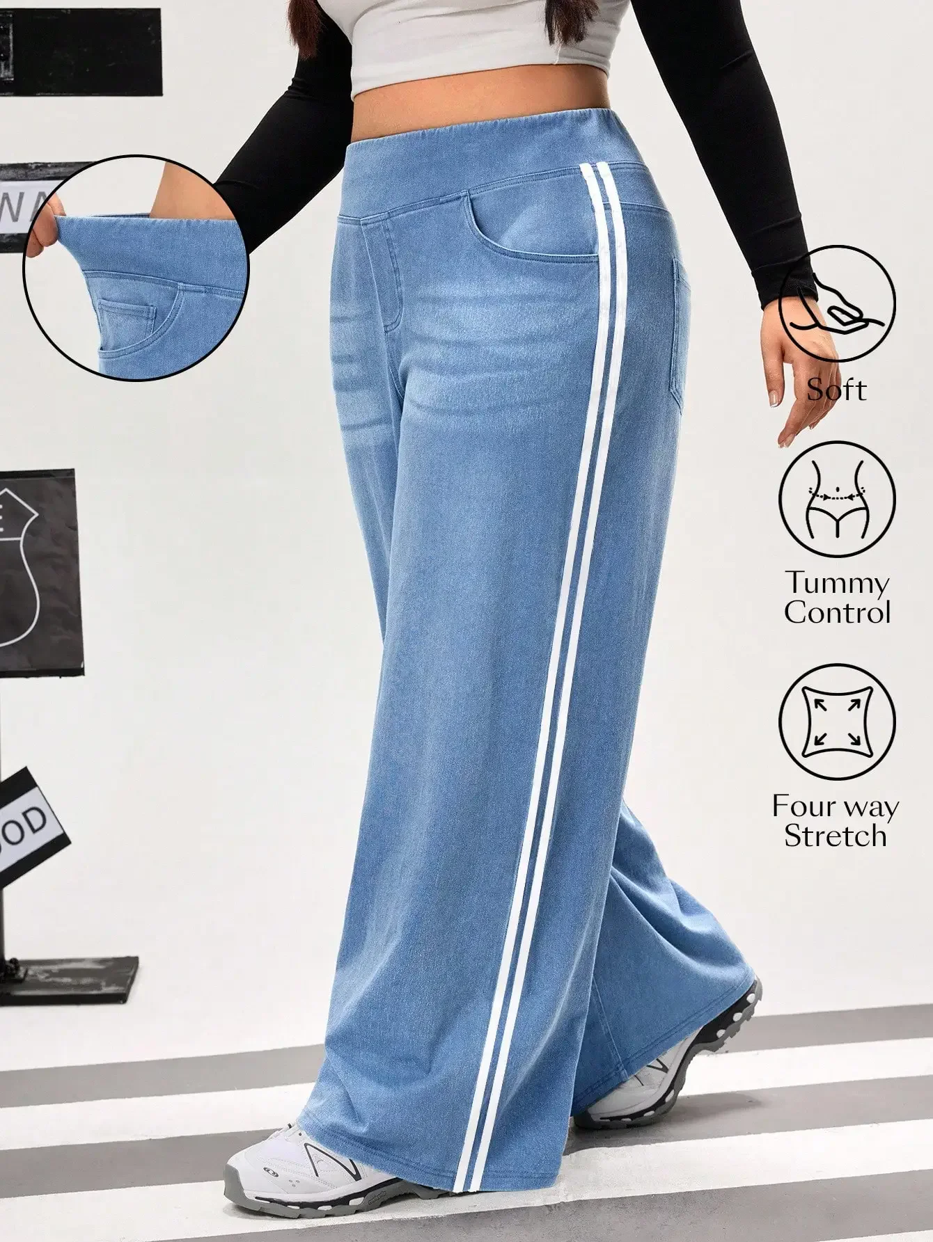 Wide Leg Denim Pants with Side Stripe, High Waist, 4-Way Stretch
Wide Leg Denim Pants with Side Stripe, High Waist, 4-Way Stretch