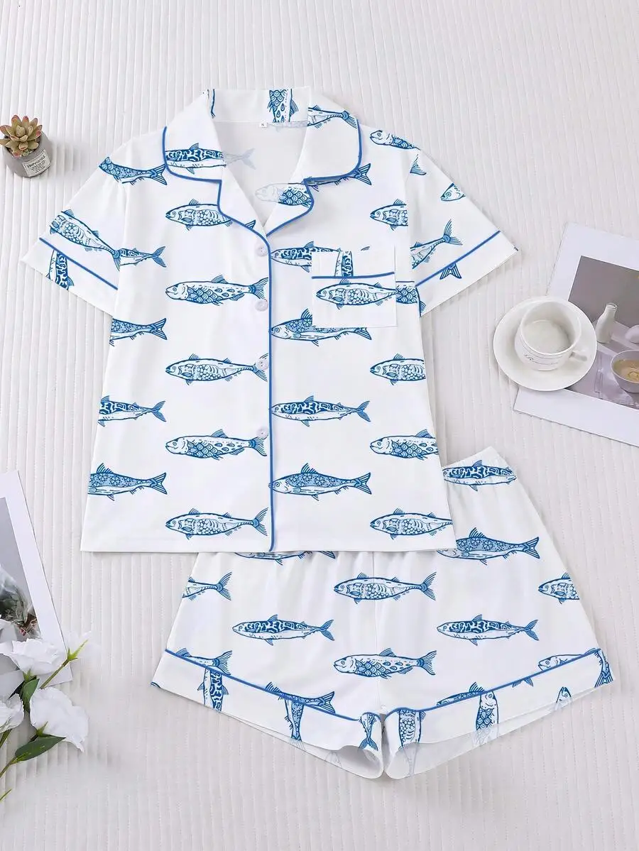2pcs Womens Fish Print Pajama Set Short Sleeve Shirt Collar Top And Elastic Waist Shorts For Loungewear
2pcs Womens Fish Print Pajama Set Short Sleeve Shirt Collar Top And Elastic Waist Shorts For Loungewear