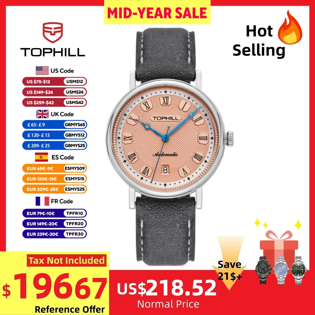 TOPHILL Mens Watch Automatic Retro Business 40mm Miyota 9015 3D Oil Pressured Weave Dial Salmon Roman Numeral 6H Date TA016G.C
TOPHILL Mens Watch Automatic Retro Business 40mm Miyota 9015 3D Oil Pressured Weave Dial Salmon Roman Numeral 6H Date TA016G.C