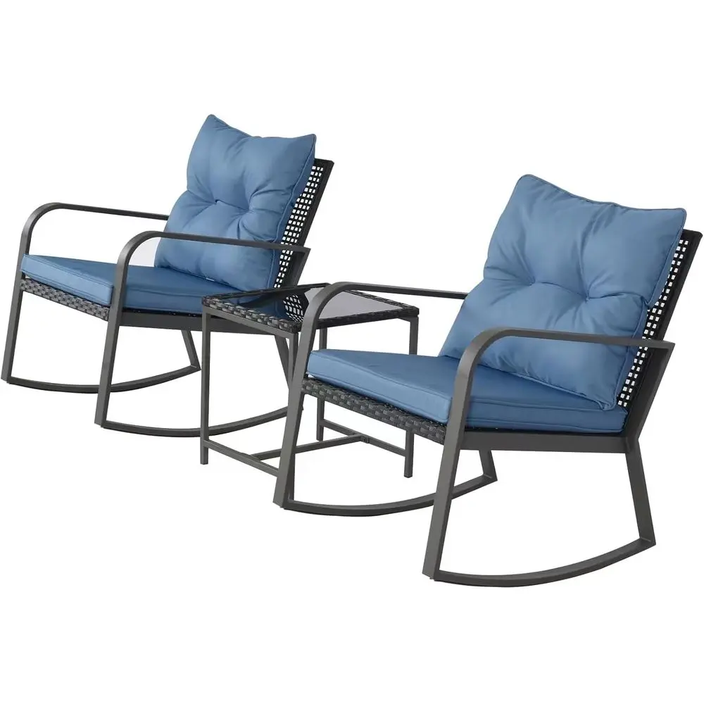 3-Piece Outdoor Bistro Patio Set with Wicker Rocking Chairs, Tempered Glass Top Coffee Table, and Cushions in Navy Blue
3-Piece Outdoor Bistro Patio Set with Wicker Rocking Chairs, Tempered Glass Top Coffee Table, and Cushions in Navy Blue