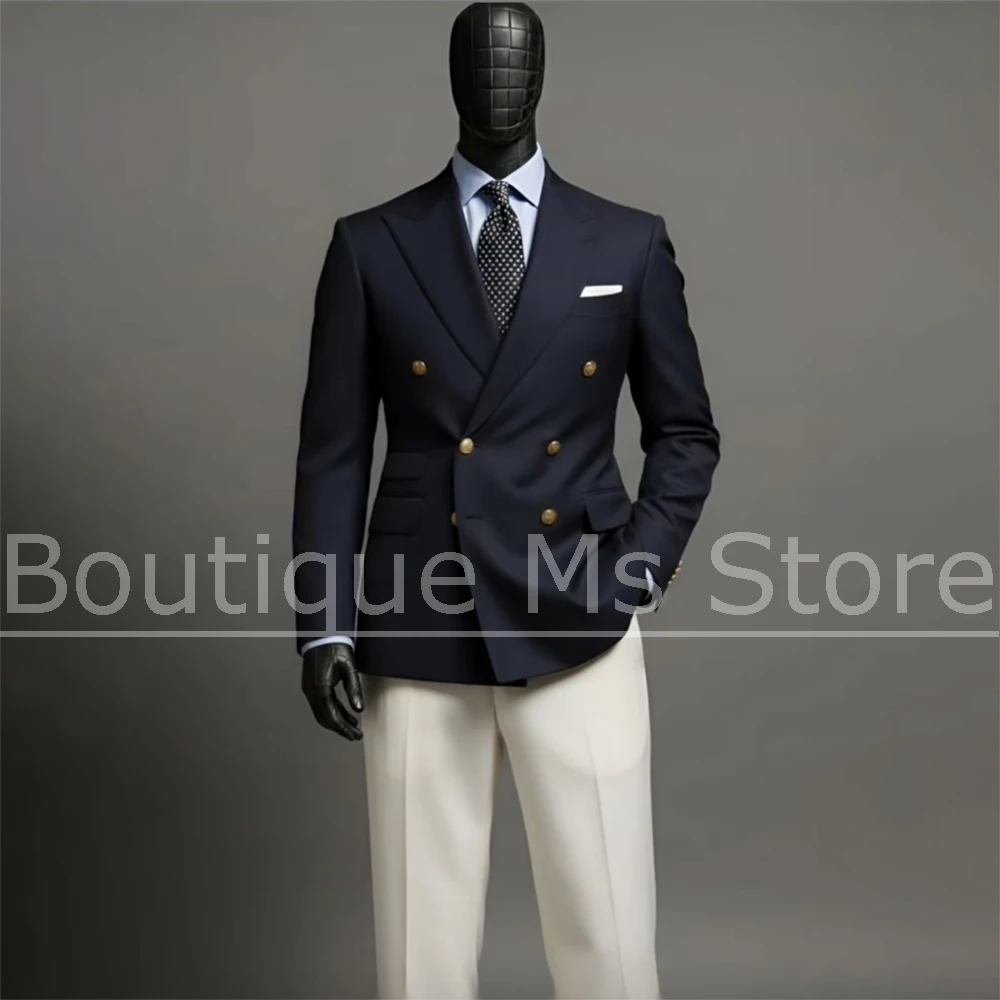 Men Navy Blue Double Breasted Suit 2 Piece Gold Buttons Blazer with White Pants Formal Wedding Business Casual Party Prom Tuxedo
Men Navy Blue Double Breasted Suit 2 Piece Gold Buttons Blazer with White Pants Formal Wedding Business Casual Party Prom Tuxedo