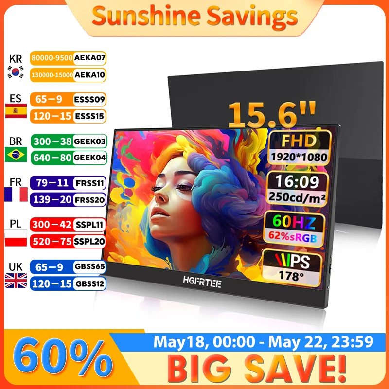 HGFRTEE 15.6'' FHD 1080P Ultra-Slim Portable Monitor with Dual Type-C & mini HDMI Interface for Laptop PC Phone PS4 Xbox Switch
HGFRTEE 15.6'' FHD 1080P Ultra-Slim Portable Monitor with Dual Type-C & mini HDMI Interface for Laptop PC Phone PS4 Xbox Switch