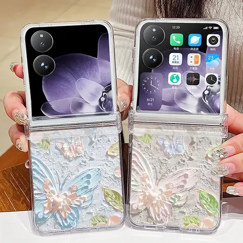 Oil Painting Butterfly Pattern Transparent Phone Case For Xiaomi Mix Flip 2 Shockproof Folding Hard PC Cover For Mi Mix Flip 5G