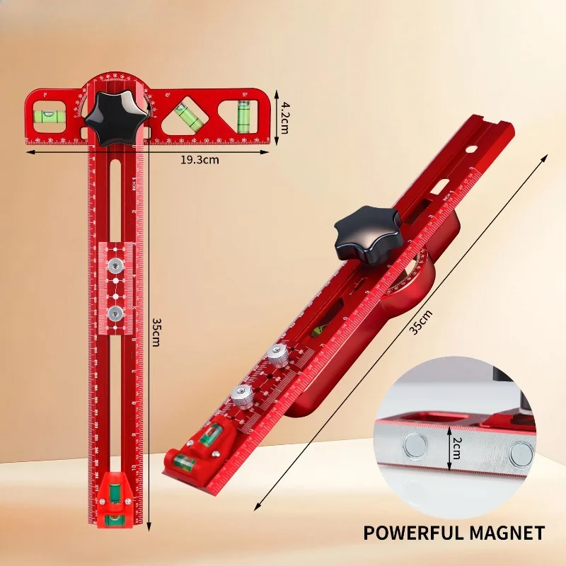 Multi-functional Angle Gauge Multi-angle Marking Adjustable T Square Ruler Portable Level with Bubble Magnet Woodworking Tool
