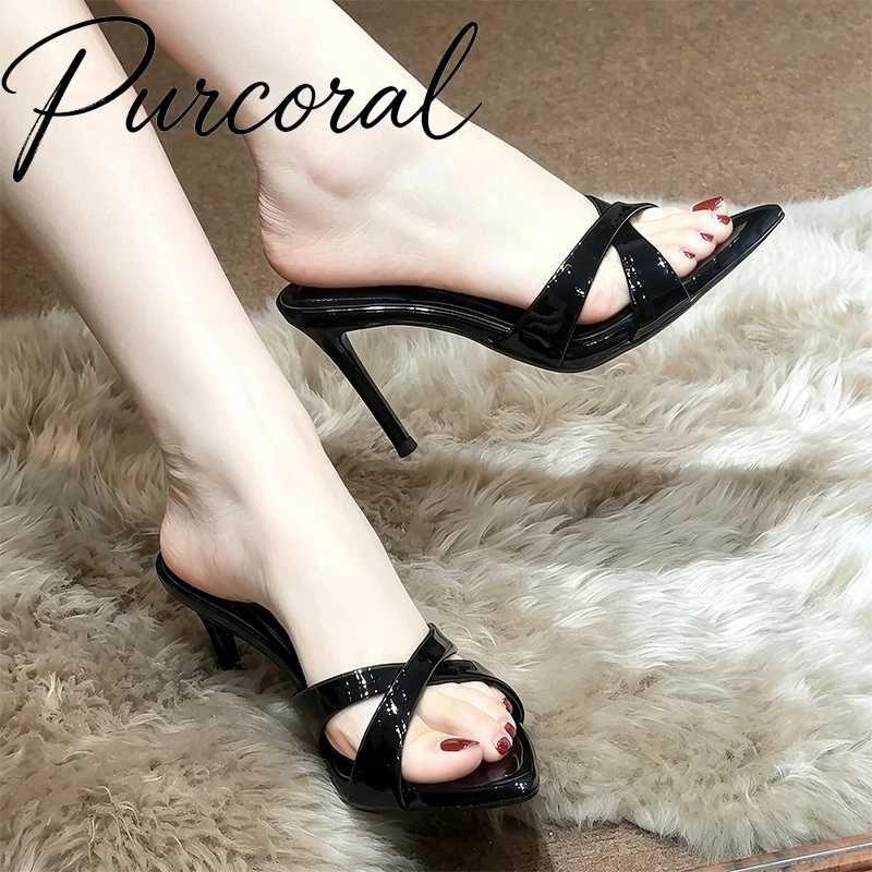 Purcoral 2026 New Black Patent Leather Cross Strap High Heels Mules for Women Square Toe Stiletto Heel Slide Sandals
Purcoral 2026 New Black Patent Leather Cross Strap High Heels Mules for Women Square Toe Stiletto Heel Slide Sandals