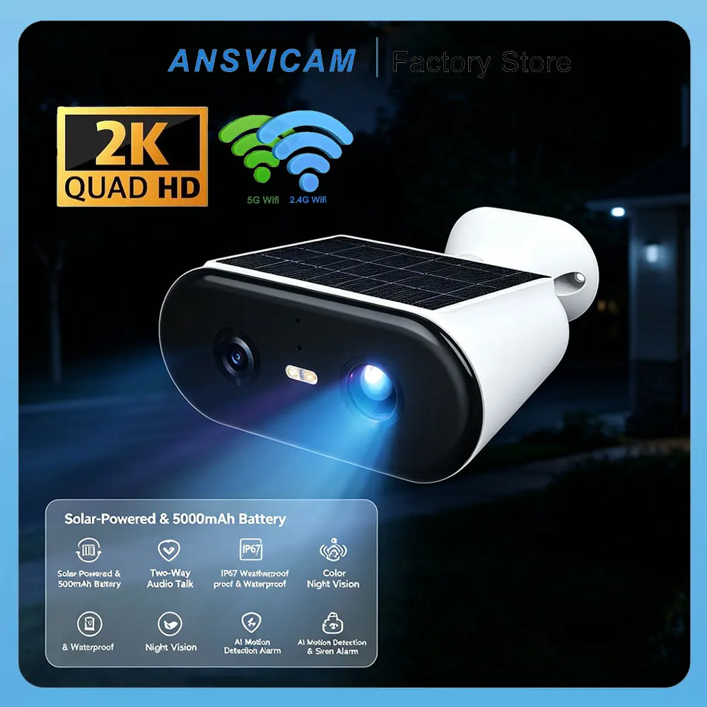 ANSVICAM 2K Solar Camera Built-in Battery 5MP 5G WIFI Security Camera Long Time Standby Color Night Vision Outdoor Wireless Cam
ANSVICAM 2K Solar Camera Built-in Battery 5MP 5G WIFI Security Camera Long Time Standby Color Night Vision Outdoor Wireless Cam