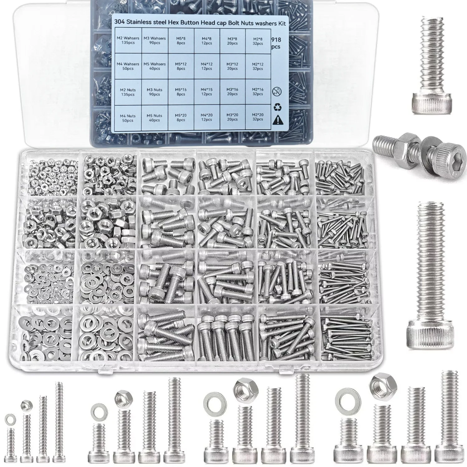918pcs Set Machine Screw Nut Washer Kit with Inner Hex Head M2 M3 M4 M5 - Standard Size Metric Tapped Fasteners
918pcs Set Machine Screw Nut Washer Kit with Inner Hex Head M2 M3 M4 M5 - Standard Size Metric Tapped Fasteners