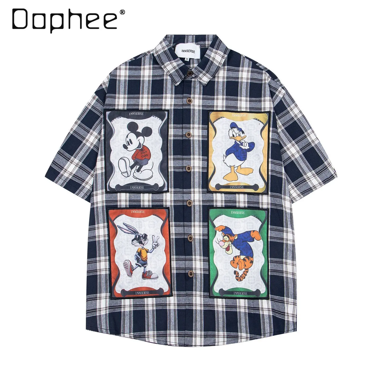 American Retro Fun Cartoon Plaid Short-sleeved Shirt Men and Women Summer Loose Casual Couple Shirt Lapel Single Breasted Top
American Retro Fun Cartoon Plaid Short-sleeved Shirt Men and Women Summer Loose Casual Couple Shirt Lapel Single Breasted Top