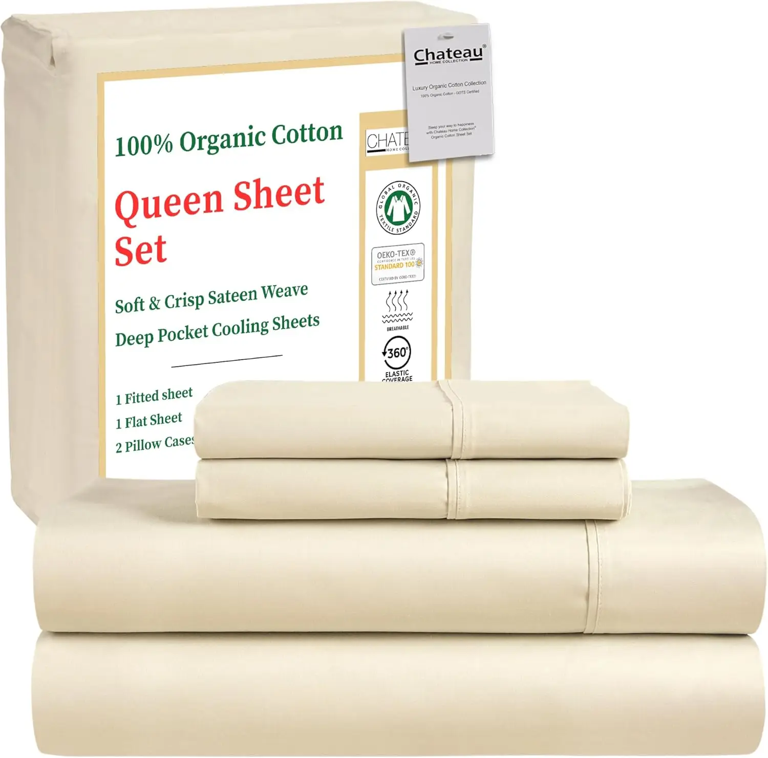 Organic Cotton Queen Sheet Set – GOTS & OEKO-TEX Certified, Sateen Weave, 15" Deep Pocket, Cooling & Breathable, Ivory
Organic Cotton Queen Sheet Set – GOTS & OEKO-TEX Certified, Sateen Weave, 15" Deep Pocket, Cooling & Breathable, Ivory