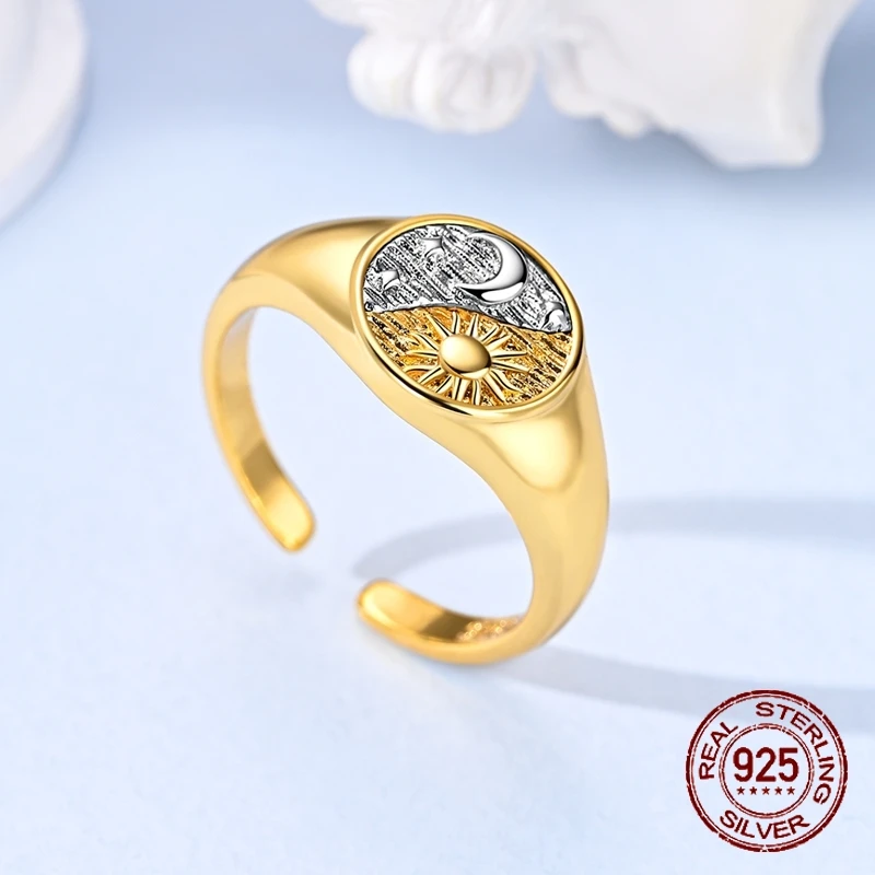 925 Sterling Silver Golden Sun and Moon Signet Open Ring Two-Tone Day & Night Adjustable Hypoallergenic Jewelry Gift for Women
925 Sterling Silver Golden Sun and Moon Signet Open Ring Two-Tone Day & Night Adjustable Hypoallergenic Jewelry Gift for Women