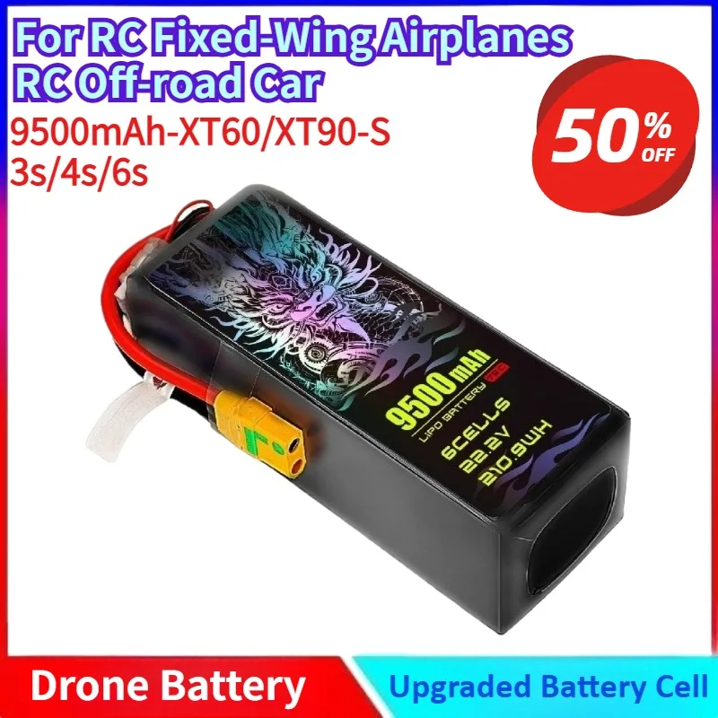 9500mAh 3/4/6S 7.4/11.1/14.8/22.2V 75C General-purpose LiPo Battery for RC Fixed-Wing Airplanes RC Off-road Car with XT60/XT90-S
9500mAh 3/4/6S 7.4/11.1/14.8/22.2V 75C General-purpose LiPo Battery for RC Fixed-Wing Airplanes RC Off-road Car with XT60/XT90-S
