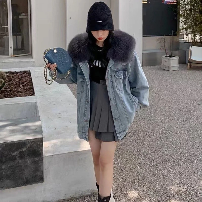 Hot Sales New Medium Length Female Autumn Winter Jacket Denim Parka Rex Rabbit Fur Lining Natural Fox Fur Collar Navy Fur Coat
Hot Sales New Medium Length Female Autumn Winter Jacket Denim Parka Rex Rabbit Fur Lining Natural Fox Fur Collar Navy Fur Coat