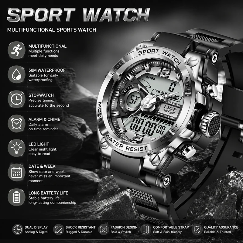 LIGE Men's Sport Watch Dual Display Digital Analog 50M Waterproof LED Backlight Chronograph Military Wristwatch Montre Homme+BOX
LIGE Men's Sport Watch Dual Display Digital Analog 50M Waterproof LED Backlight Chronograph Military Wristwatch Montre Homme+BOX