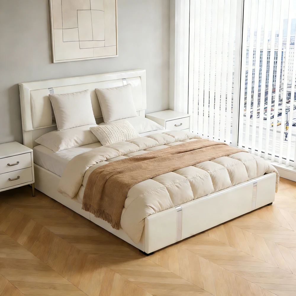 Queen Size Lift Up Storage Bed: LED Headboard, USB-C, Hydraulic, Faux Leather White
Queen Size Lift Up Storage Bed: LED Headboard, USB-C, Hydraulic, Faux Leather White