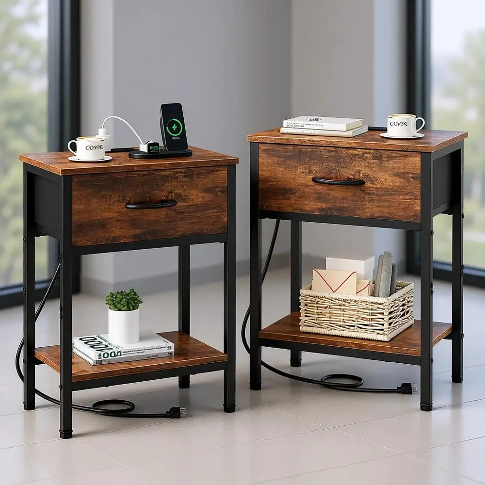 2-Piece Nightstand Set with Charging Station, Fabric Drawer, 2-Tier Storage, Rustic Brown
2-Piece Nightstand Set with Charging Station, Fabric Drawer, 2-Tier Storage, Rustic Brown