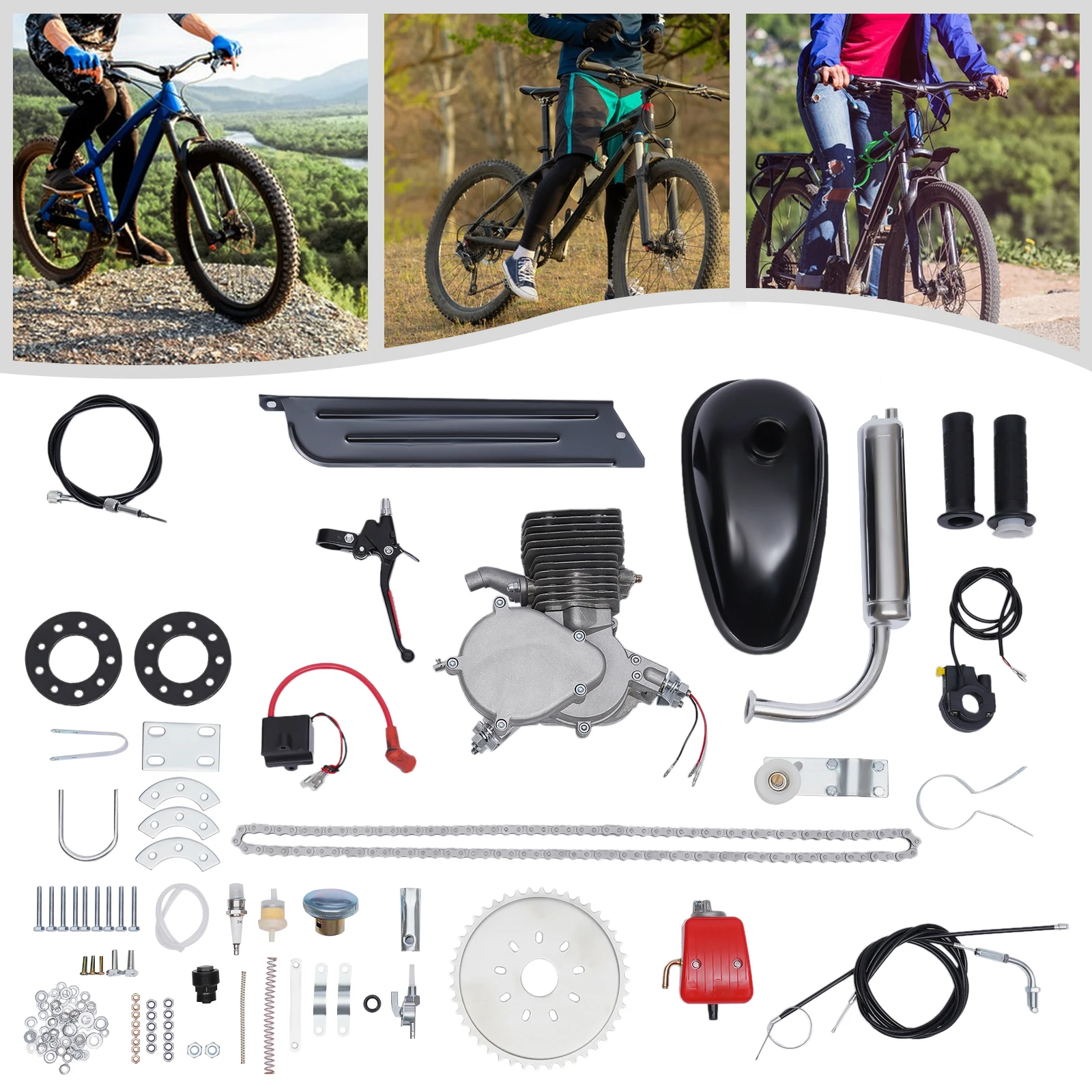 100cc 45km/28mi/H Bicycle Engine Kit Single Cylinder Air-Cooling 2-Stroke 44 Teeth For Most 26-Inch Or 28-Inch Bicycles
100cc 45km/28mi/H Bicycle Engine Kit Single Cylinder Air-Cooling 2-Stroke 44 Teeth For Most 26-Inch Or 28-Inch Bicycles