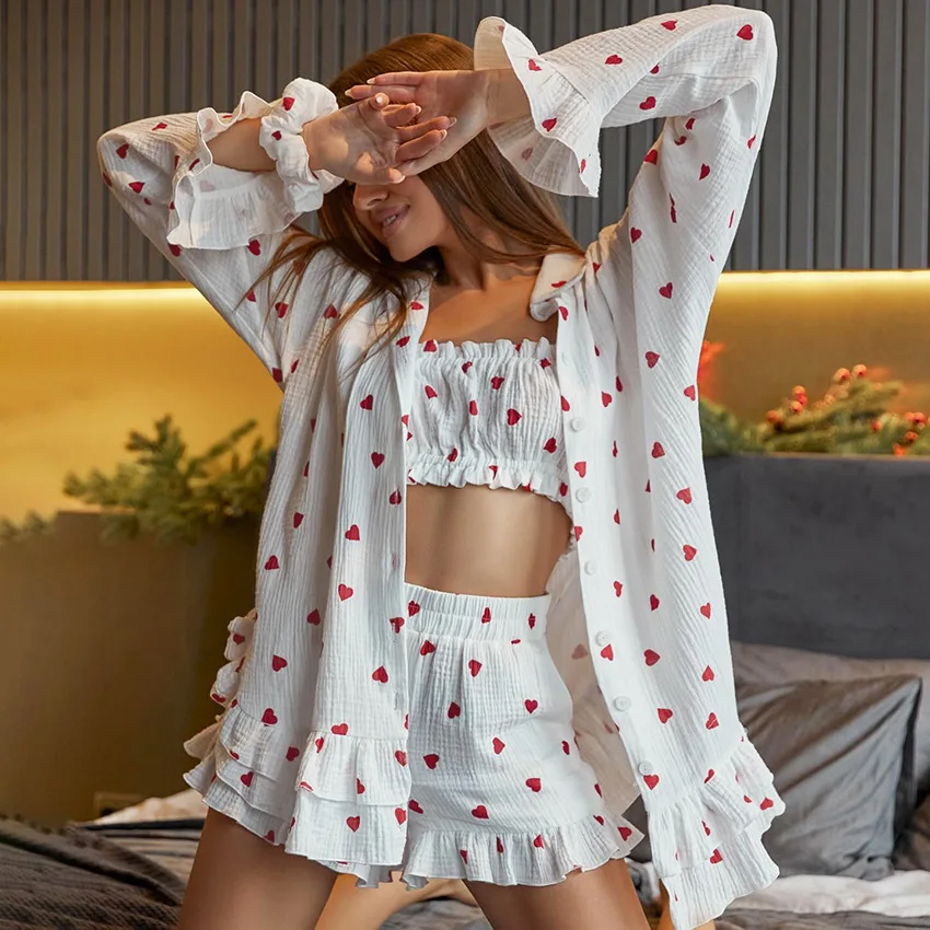 Autumn Love Heart White Pure Cotton Breathable Comfortable Ruffled Long-sleeved Underwear Loose Soft Home Clothes 3pcs Nightwear
Autumn Love Heart White Pure Cotton Breathable Comfortable Ruffled Long-sleeved Underwear Loose Soft Home Clothes 3pcs Nightwear