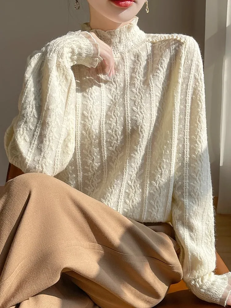 Fashionable Lace Insert Loose Knitwear Women's Autumn Winter Half High Collar Sweater Inner Wear Hooked Flower Design Outerwear
Fashionable Lace Insert Loose Knitwear Women's Autumn Winter Half High Collar Sweater Inner Wear Hooked Flower Design Outerwear