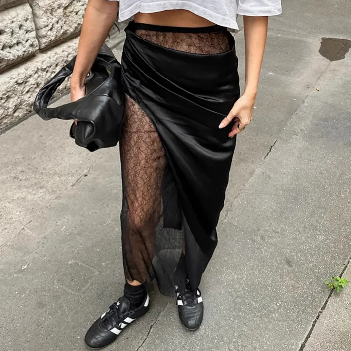 Sexy Black Lace Patchwork Sheer Satin Skirt 2025 Spring Summer Fashion Women
Sexy Black Lace Patchwork Sheer Satin Skirt 2025 Spring Summer Fashion Women