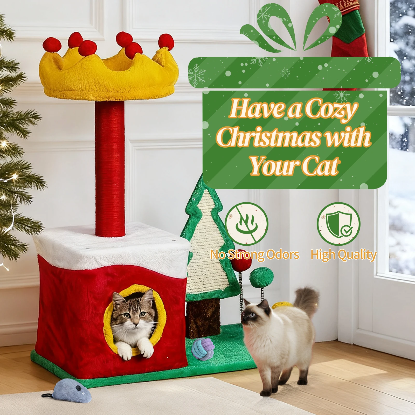 Christmas Themed Plush Cat Tree, Multi-level Cat Tower with Cat Condo, Top Crown Perch, Sisal Scratching Posts
Christmas Themed Plush Cat Tree, Multi-level Cat Tower with Cat Condo, Top Crown Perch, Sisal Scratching Posts