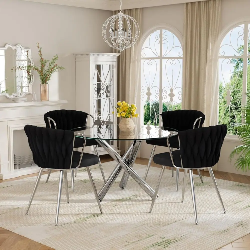 4-5 Piece Glass Top Dining Set with 4 Black Velvet Chairs, Silver Base
4-5 Piece Glass Top Dining Set with 4 Black Velvet Chairs, Silver Base