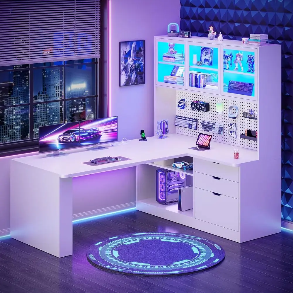 White 27.5 Wide L-Shaped Desk with 3 Drawers, Large Bookshelf, LED Light, Display Cabinet and Pegboard for Home Office and Gamin
White 27.5 Wide L-Shaped Desk with 3 Drawers, Large Bookshelf, LED Light, Display Cabinet and Pegboard for Home Office and Gamin