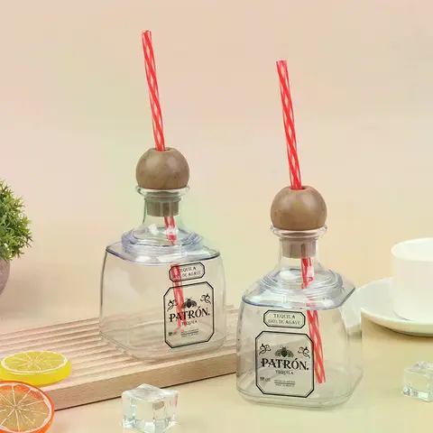 375ml Mini Tequila Bottle With Straw Hole Acrylic Reusable Cup Small Patron Bottle Empty For Drinking Kitchenware