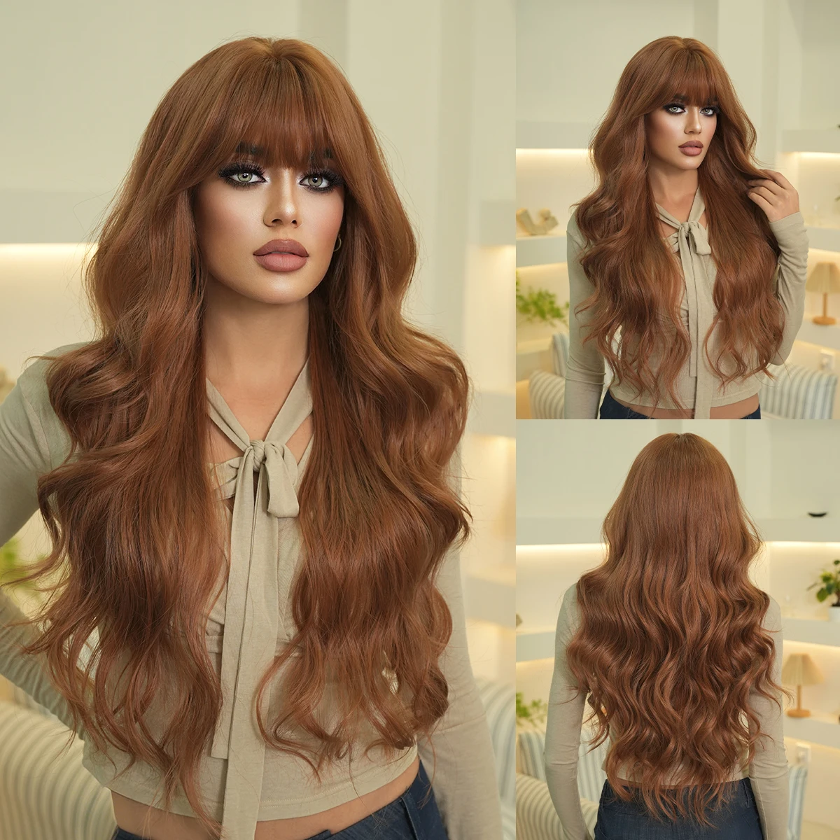 NAMM Long Wave Brown Wig For Women Elegant Fluffy Curly Wigs With Silk Synthetic Heat-Resistant Fiber Hairpiece For Daily Use
NAMM Long Wave Brown Wig For Women Elegant Fluffy Curly Wigs With Silk Synthetic Heat-Resistant Fiber Hairpiece For Daily Use